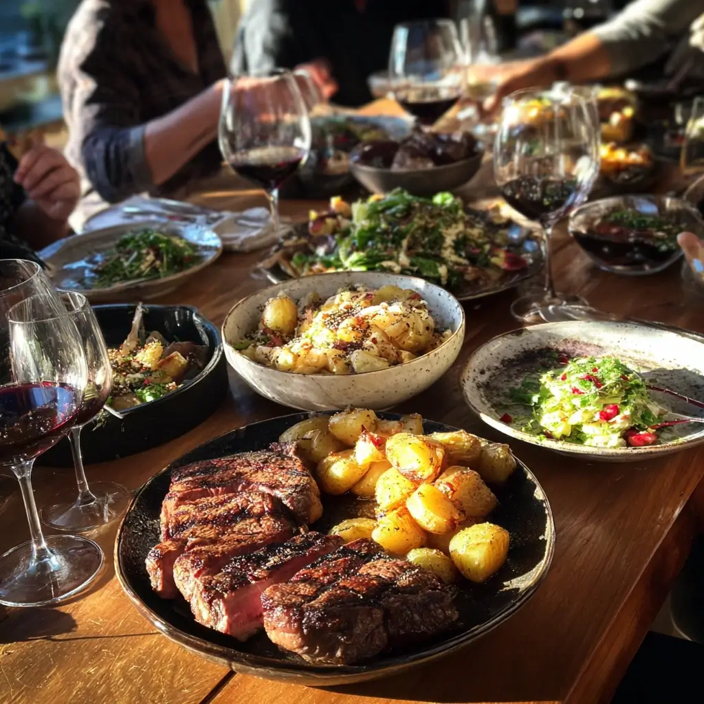 steak garstufen bei Familienessen mit Wein und Beilagen