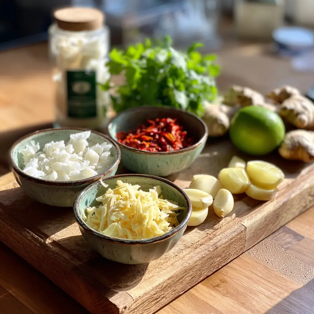 Zutaten für Thai Curry Rezept mit Currypaste, Knoblauch, Ingwer und Chili auf Holzbrett