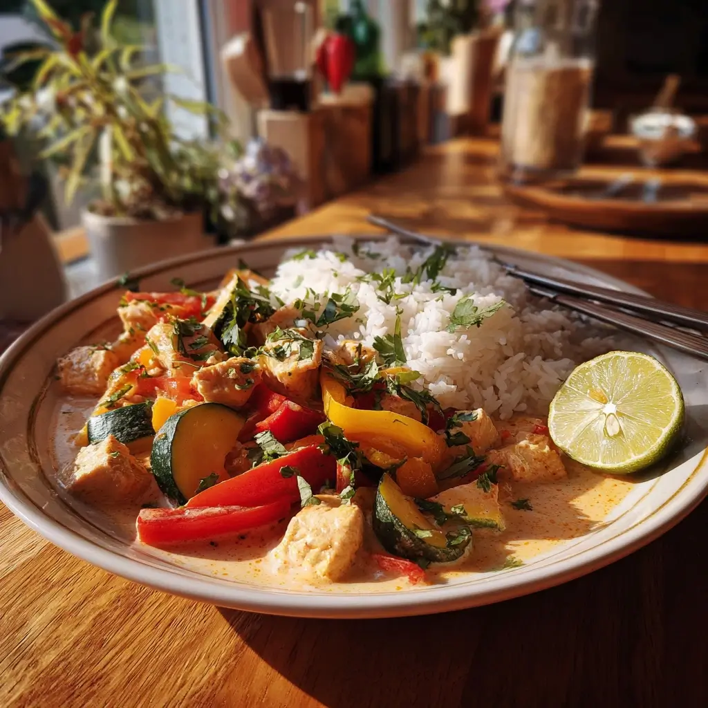Thai Curry Rezept serviert in weißer Schüssel mit Reis und Limette