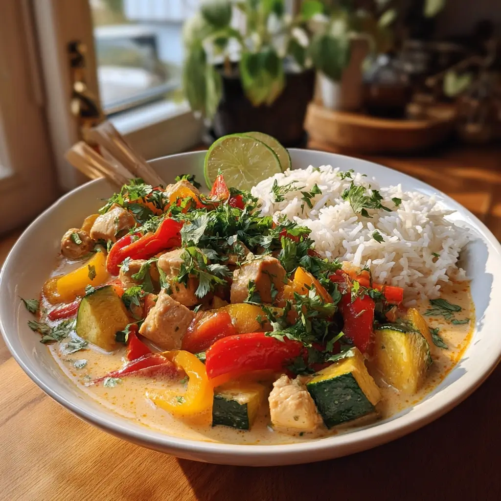 Familie genießt Thai Curry Rezept am Esstisch mit Reis und Schalen voller Curry