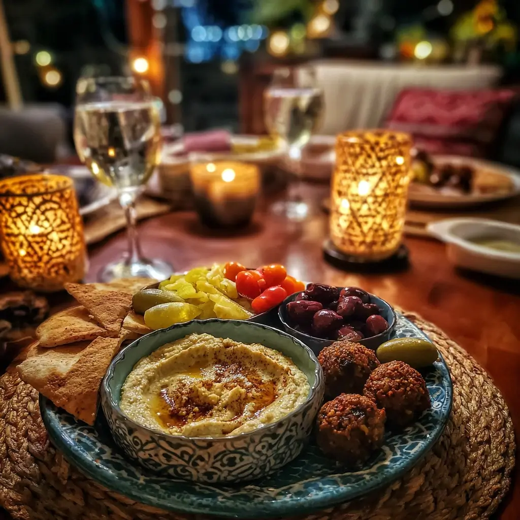 Curry dattel dip auf einer Mezze-Platte mit Hummus und Falafel