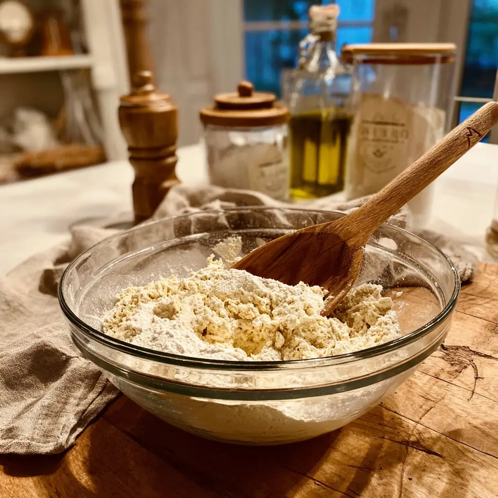 Glutenfreies Brot Teig in einer Glasschüssel mit Holzlöffel.