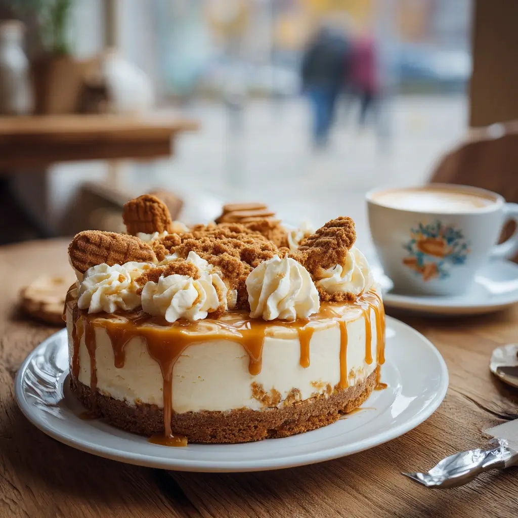 Lotus Cheesecake mit Biscoff Aufstrich und Dekoration.