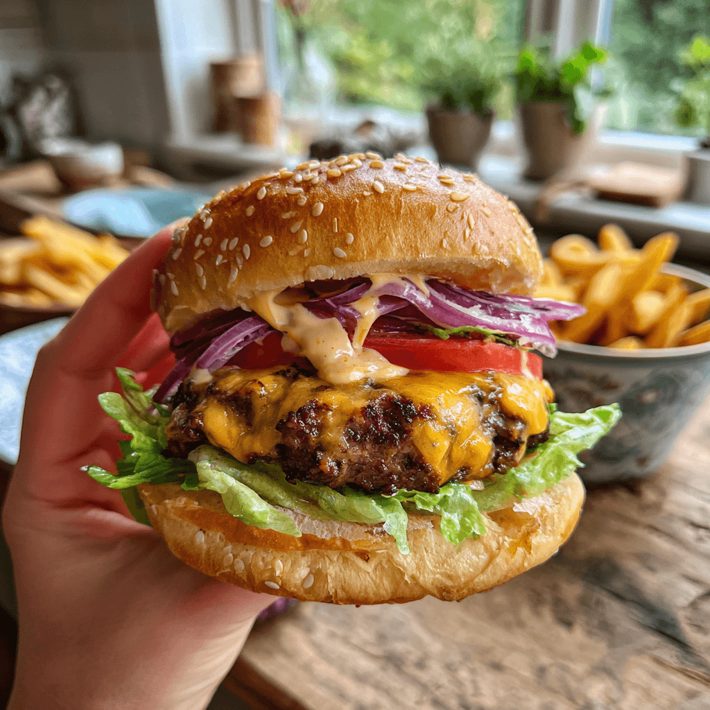 Hausgemachter Burger beim Schichten mit Sauce, Patty, Käse und frischem Gemüse.