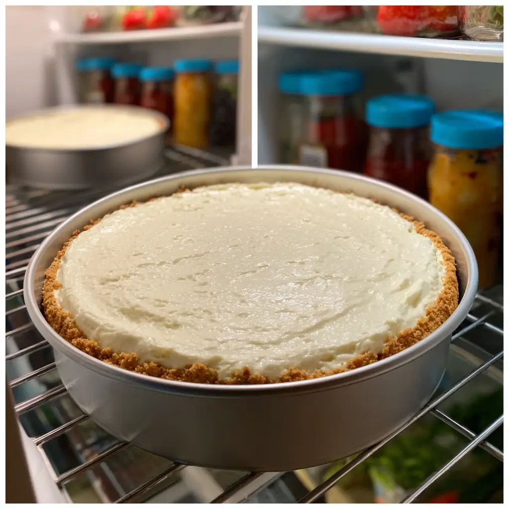 Bakeless cheesecake in Springform mit glatter Frischkäsefüllung auf festem Keksboden, bereit zum Kühlen.