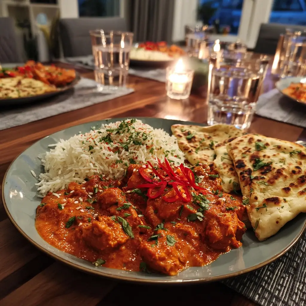 Hähnchen Curry serviert mit Reis und Naan auf Teller