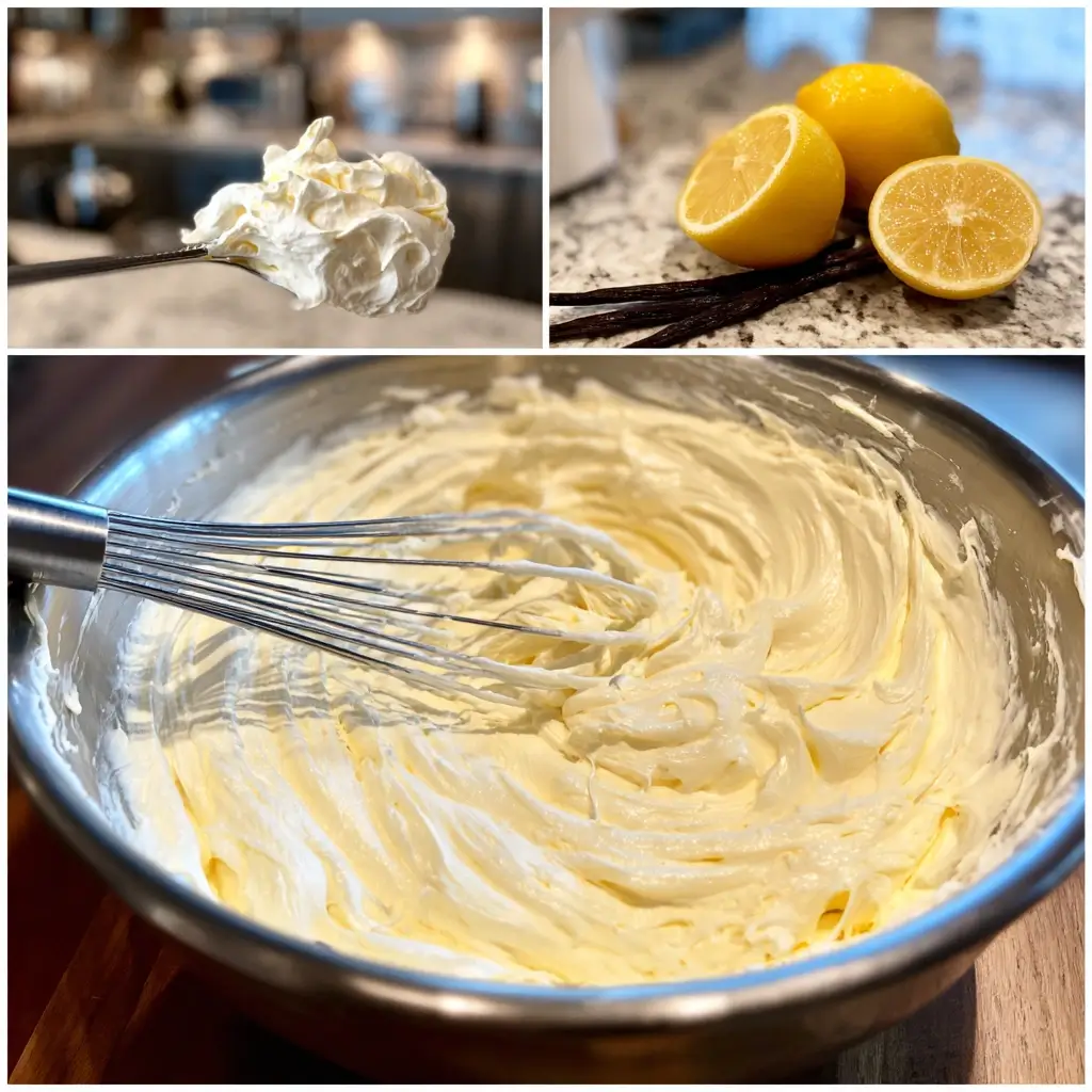Frischkäsecreme für bakeless cheesecake, geschmeidig angerührt mit Zucker, Zitrone und Vanille.