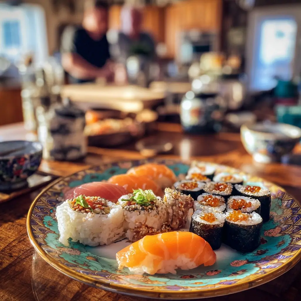 Frische Sushi Platte mit glänzendem sushi reis, Nigiri und Maki, serviert in einer modernen Küche mit natürlichem Licht.