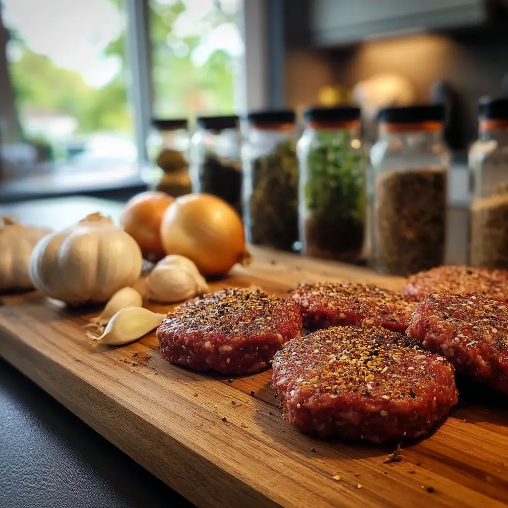 gewürztes Rinderhack für pizza burger Patties auf Holzbrett mit Zwiebeln und Gewürzen