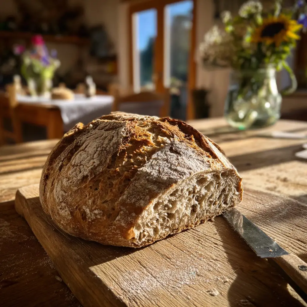 Frisch gebackenes glutenfreies Brot auf einem Holzbrett mit Messer.
