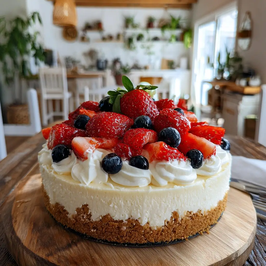 Ein Stück bakeless cheesecake mit Keksboden, cremiger Füllung und Beerentopping auf weißem Teller.