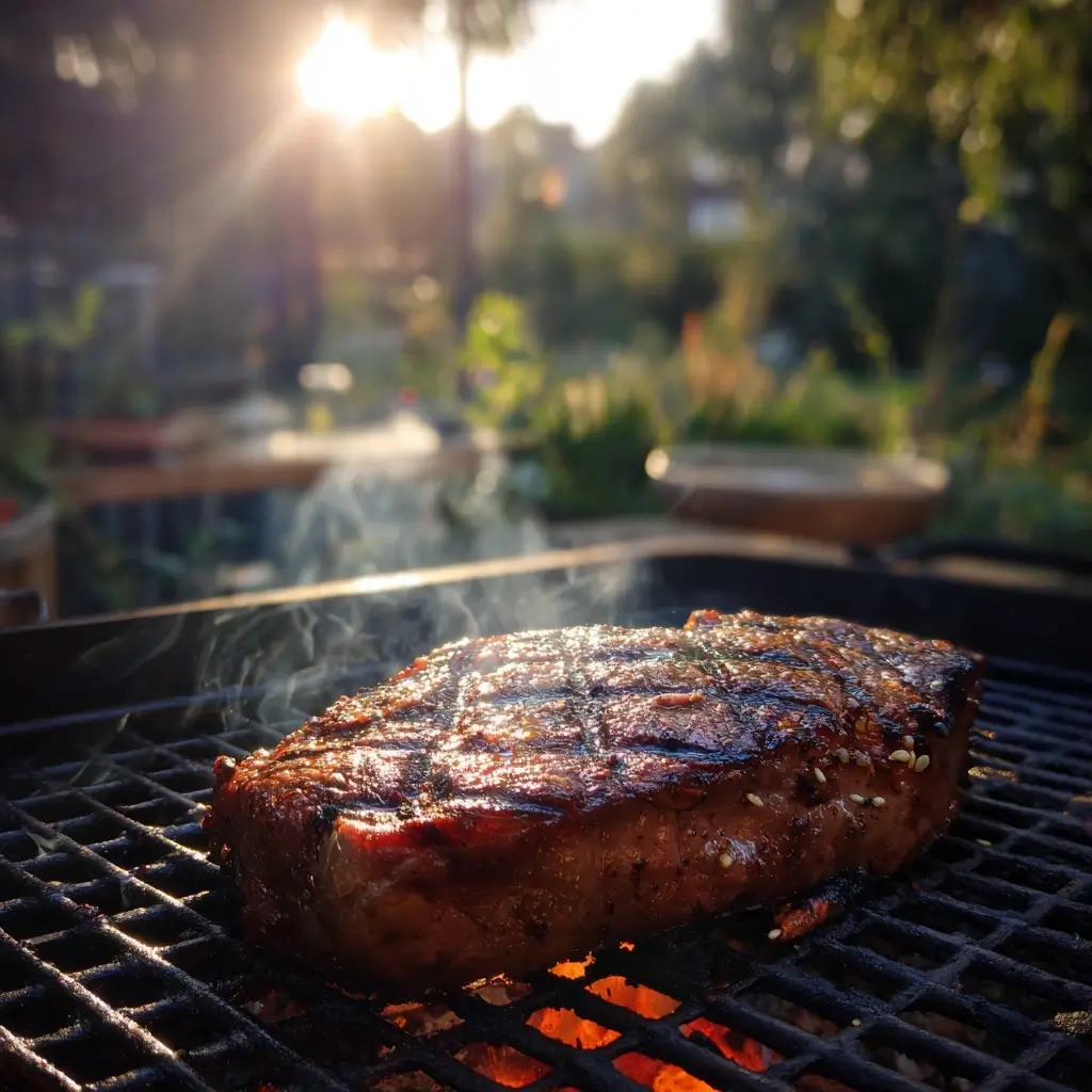 Rib Eye Steak auf dem Grill mit Flammen und perfekter Grillkruste.