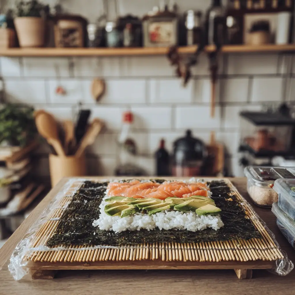 Inside Out Sushi auf Bambusmatte gerollt