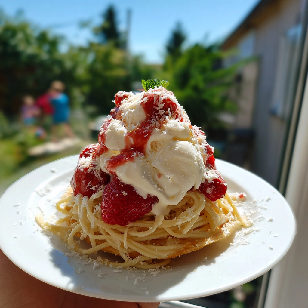 Klassisches Spaghetti Eis Dessert mit Erdbeersoße, weißer Schokolade und Waffel auf Teller