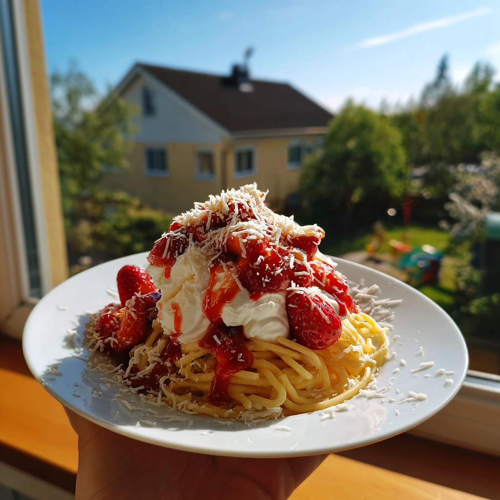 Spaghetti Eis Dessert mit frischen Erdbeeren, Sahne und geriebener weißer Schokolade im Sommerlicht
