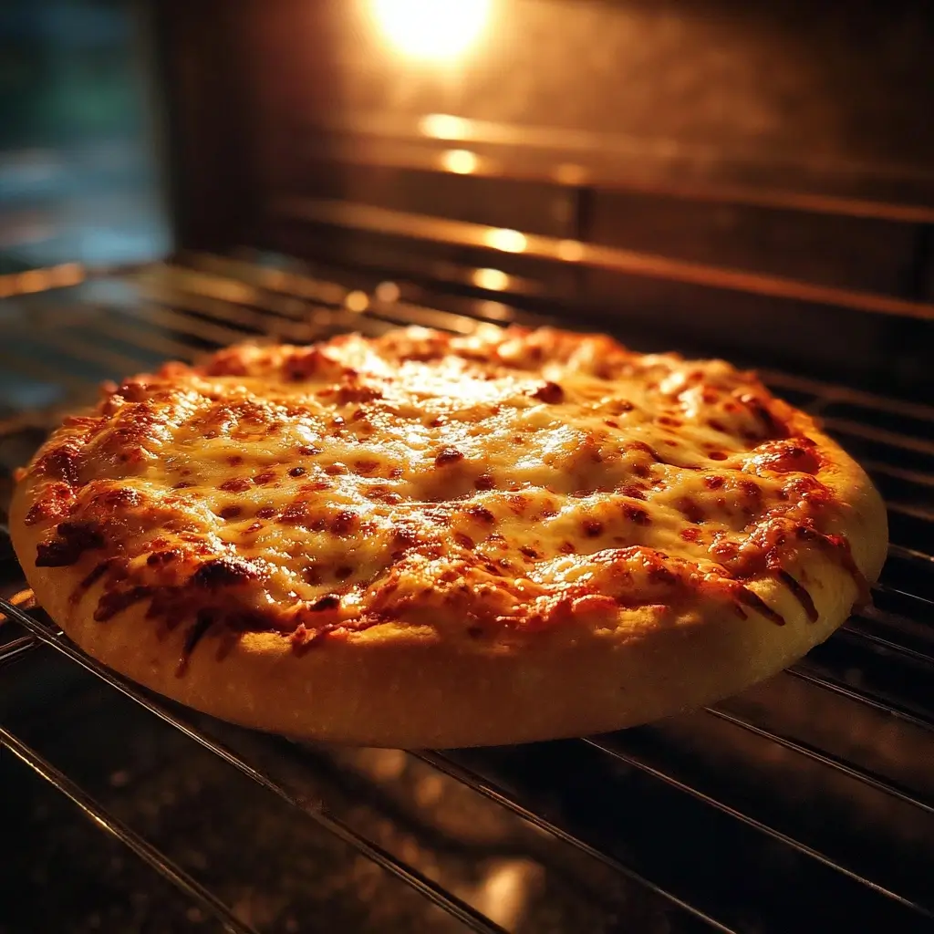 pizza burger backt im Ofen, Käse schmilzt und der Teig wird goldbraun