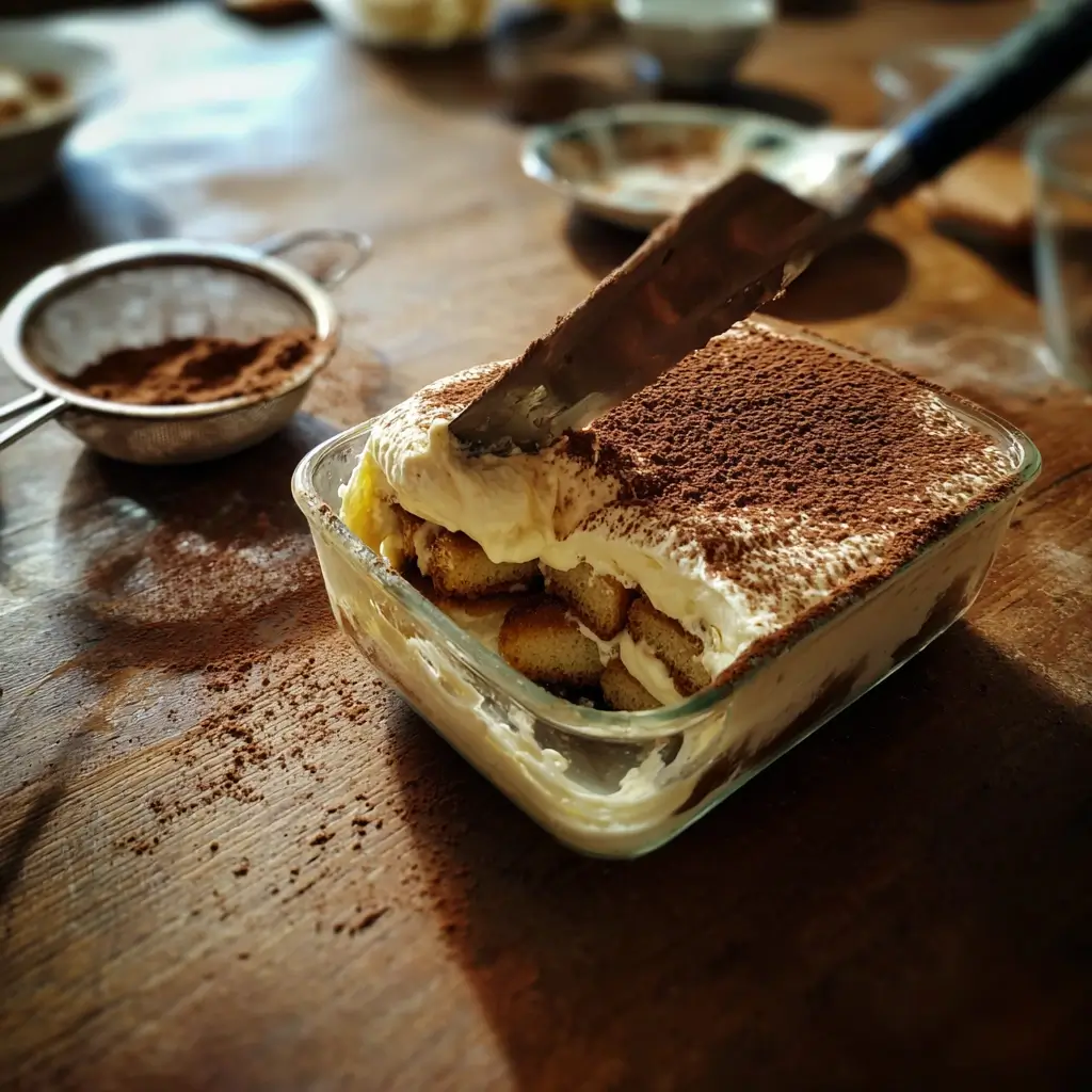 Schichten von Tiramisu ohne Ei in Glasform