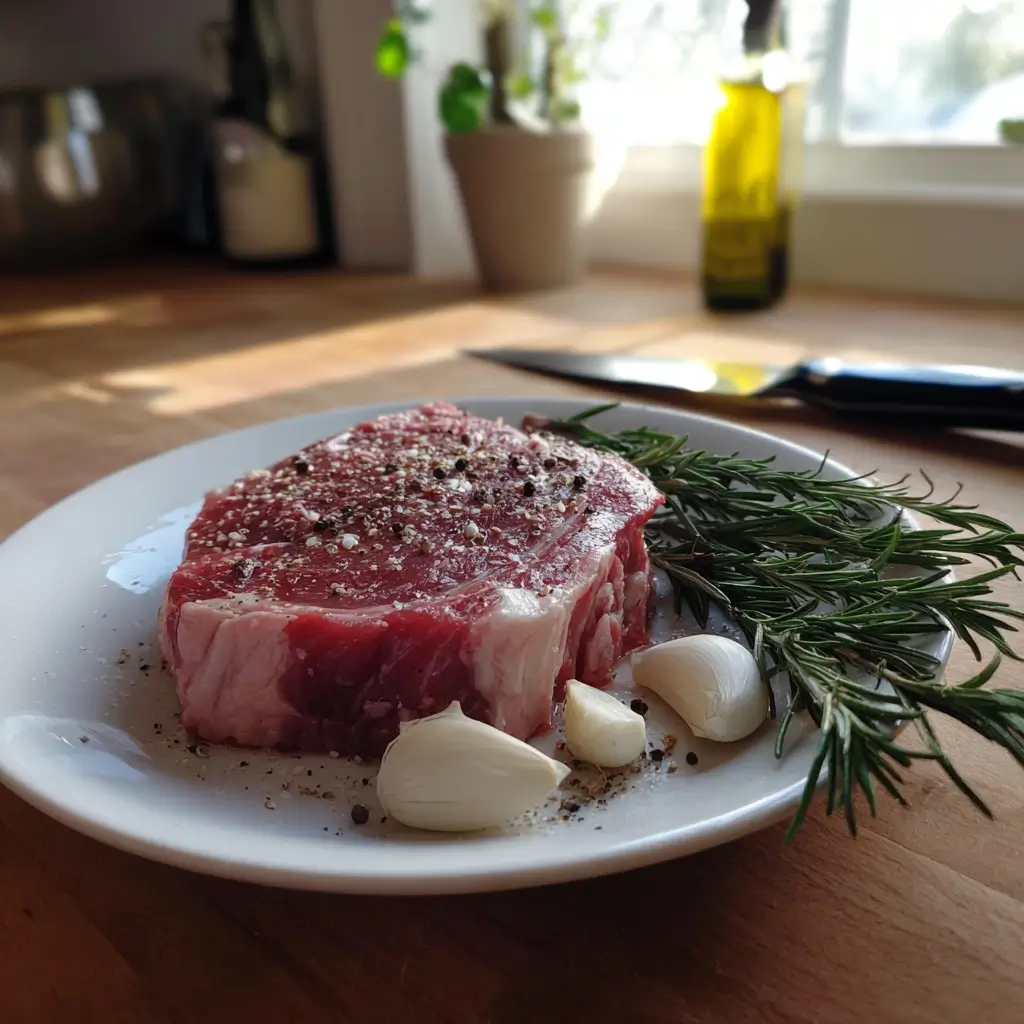 Rohes Rib Eye Steak mit Salz, Pfeffer und frischem Rosmarin auf Küchenbrett.