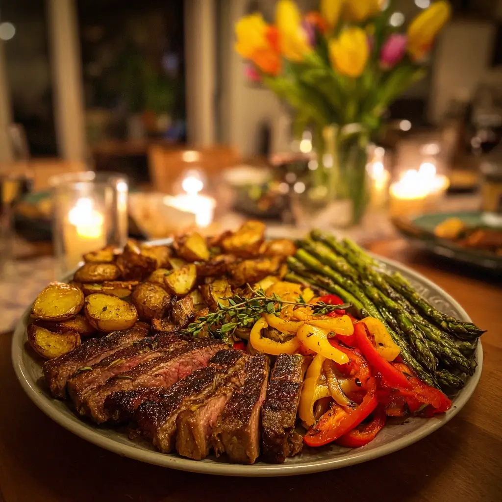 Porterhouse Steak mit Ofenkartoffeln und Grillgemüse serviert