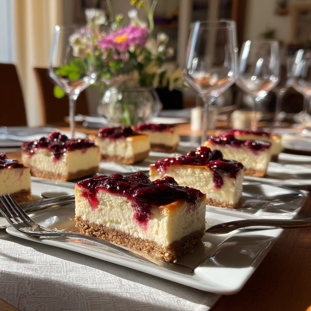Mehrere Teller mit Stücken von bakeless cheesecake auf gedecktem Esstisch.