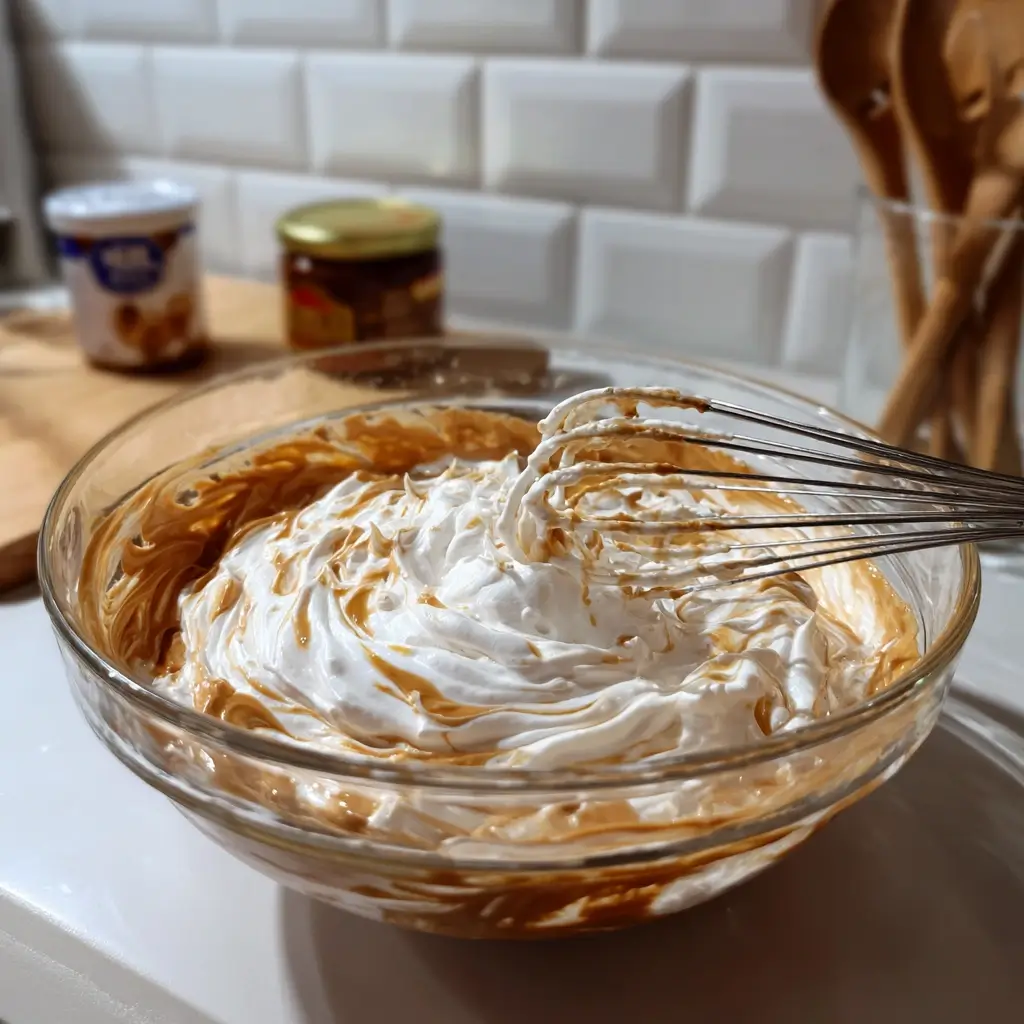 Cremige Füllung für Lotus Cheesecake in einer Glasschüssel.