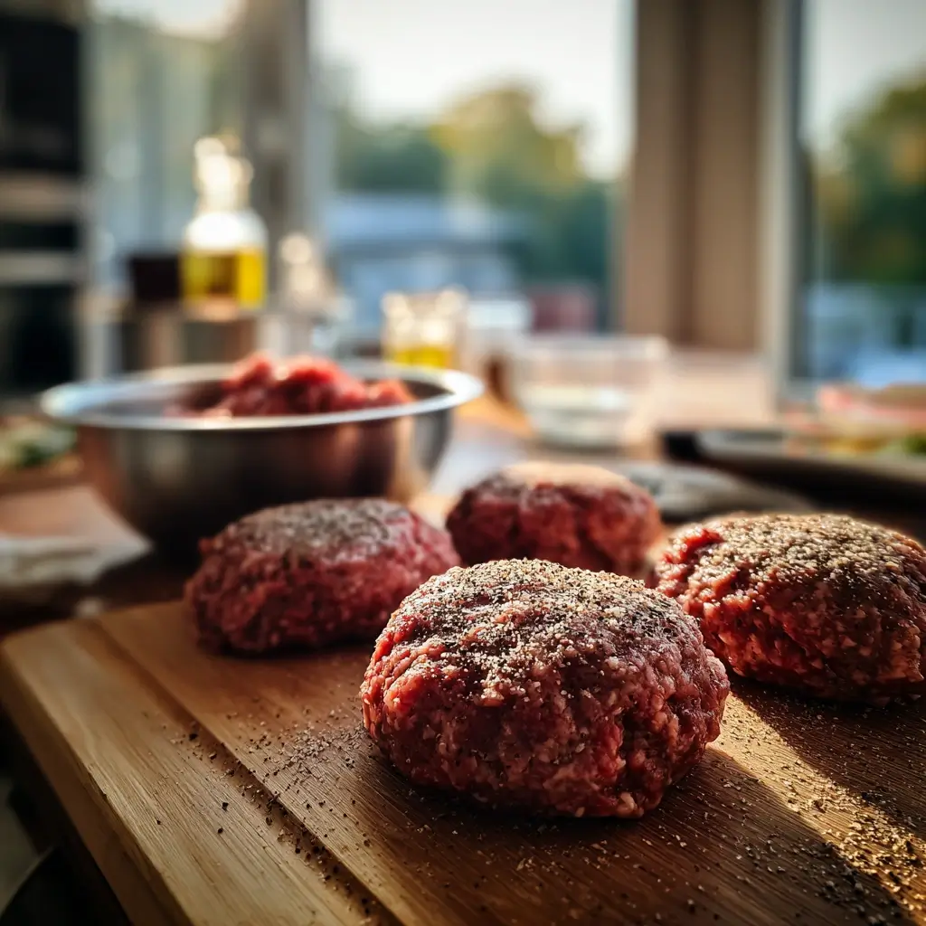 Frisch geformte Fleischpatties auf Holzbrett – burger patties selber machen Schritt für Schritt in der Küche.