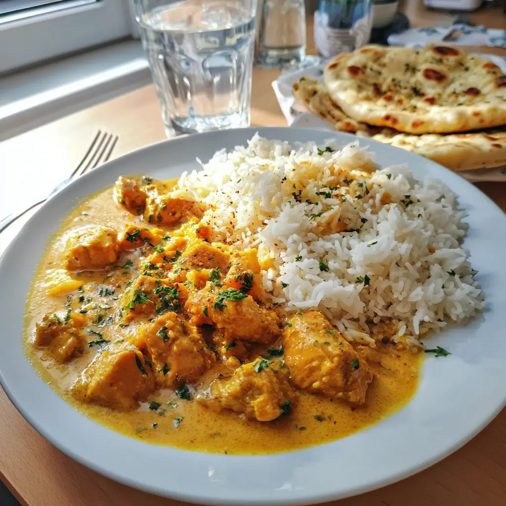 Curry Rezept serviert mit Basmati Reis auf weißem Teller