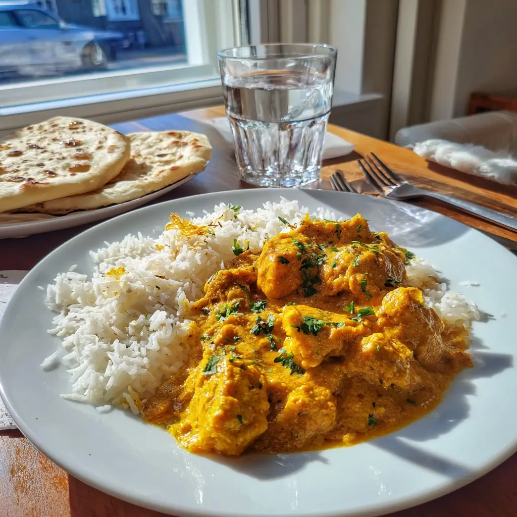 Indisches Curry Rezept mit Reis und Naan angerichtet