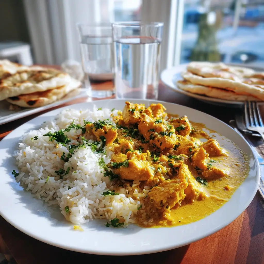 Curry Rezept mit Hähnchenwürfeln, Kokosmilch und Tomaten beim Schmoren in der Pfanne.