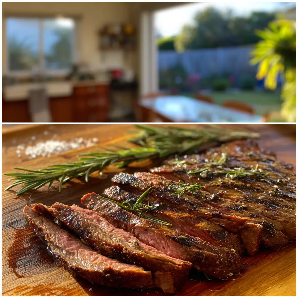 Zartes flank steak mit Grillstreifen, serviert auf Holzbrett mit Rosmarin und Meersalz.