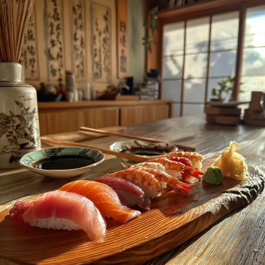 Nigiri Sushi Serviervorschlag mit Sojasauce und grünem Tee