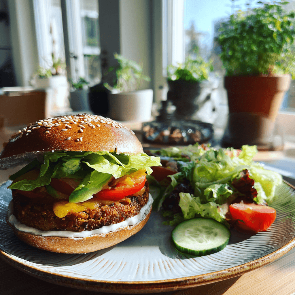 Veggie Burger mit Avocado, Tomate, Joghurt-Sauce und frischem Gemüse beim Burger selber machen.