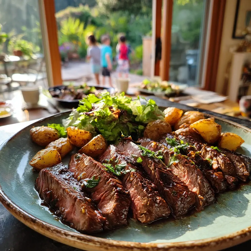 Aufgeschnittenes flank steak auf Teller mit Kartoffeln und Salat.