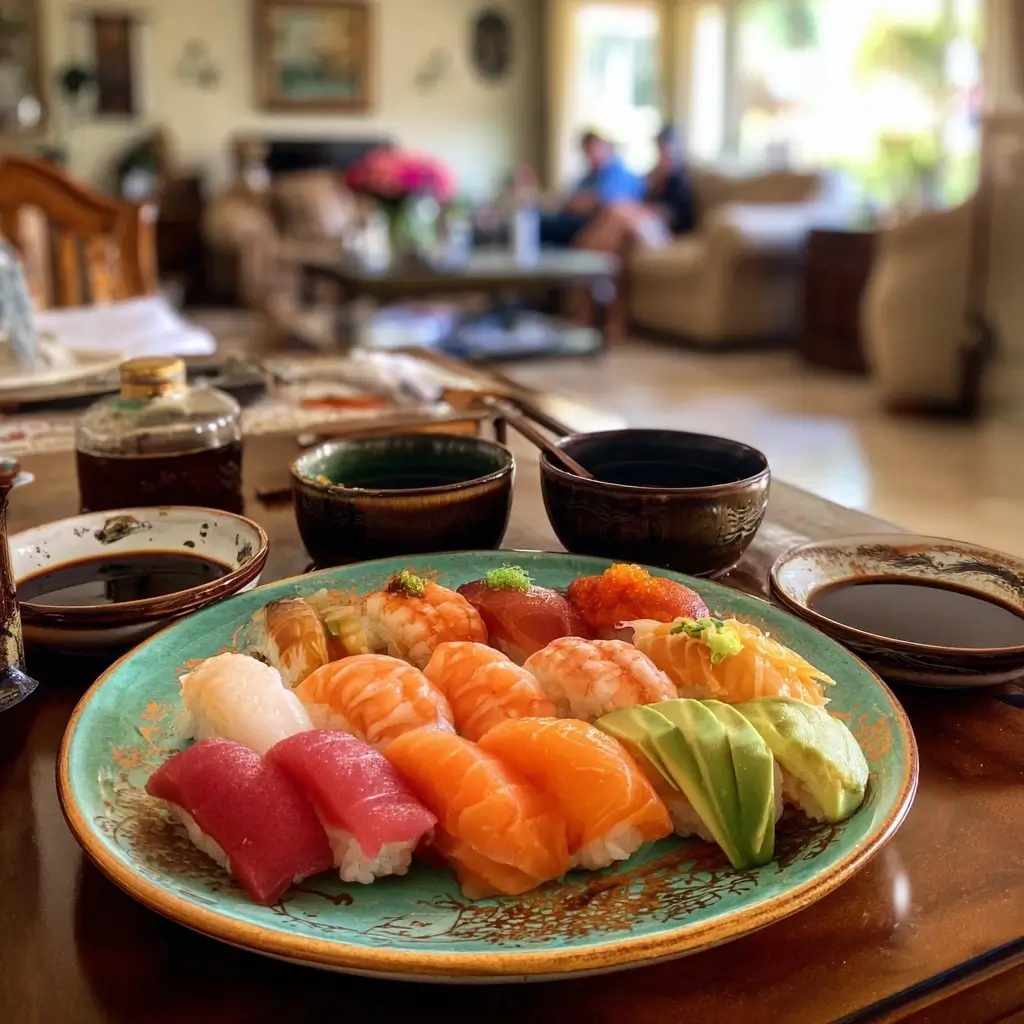 Vegetarisches nigiri sushi mit Avocado und Tamago serviert