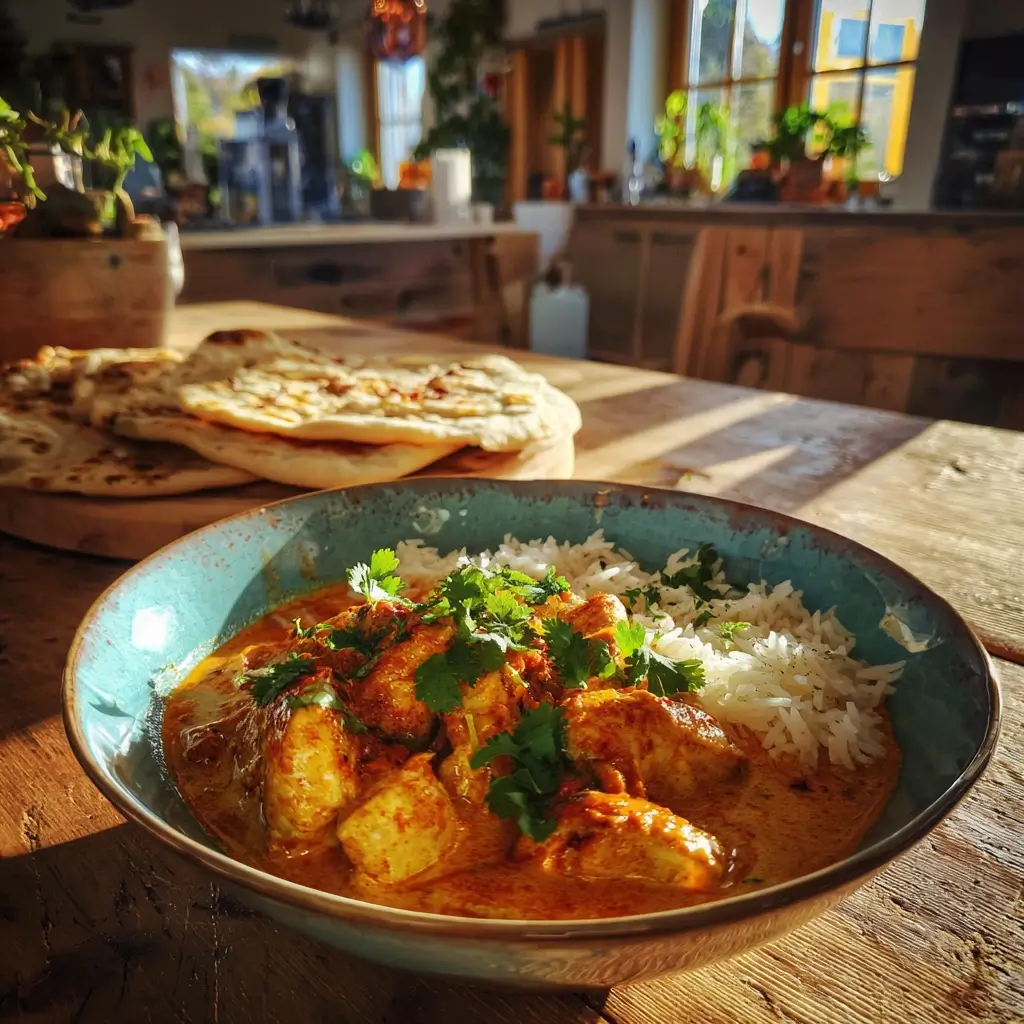 Hähnchen Curry in Schale mit Reis und Naan serviert