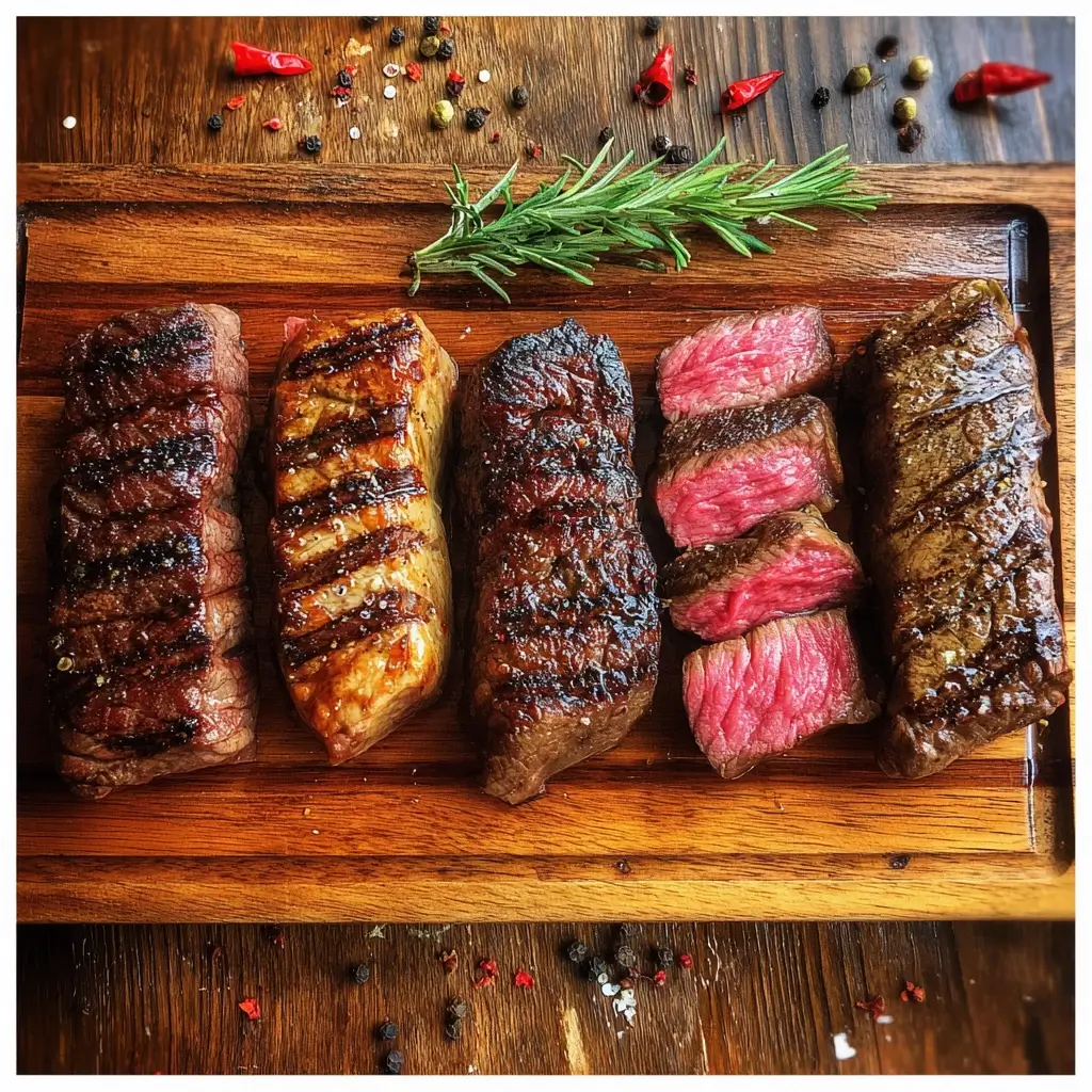 fünf steak garstufen nebeneinander auf Holzbrett präsentiert
