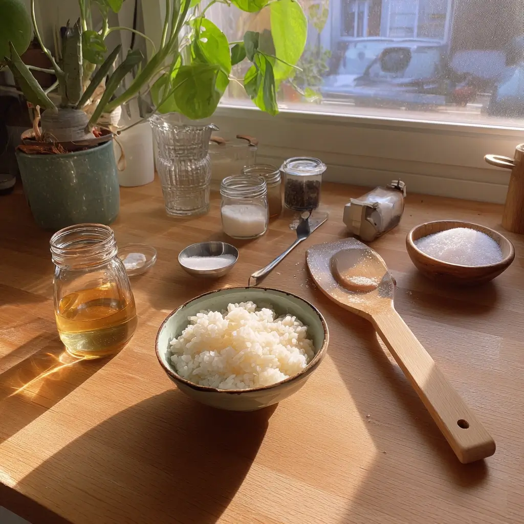 Zutaten für sushi reis: japanischer Rundkornreis, Reisessig, Zucker, Salz und Messlöffel auf Holztisch.