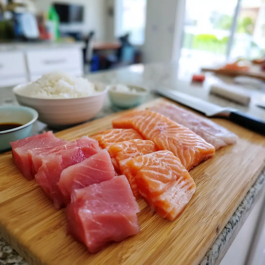 Frischer Fisch für nigiri sushi auf Schneidebrett vorbereitet
