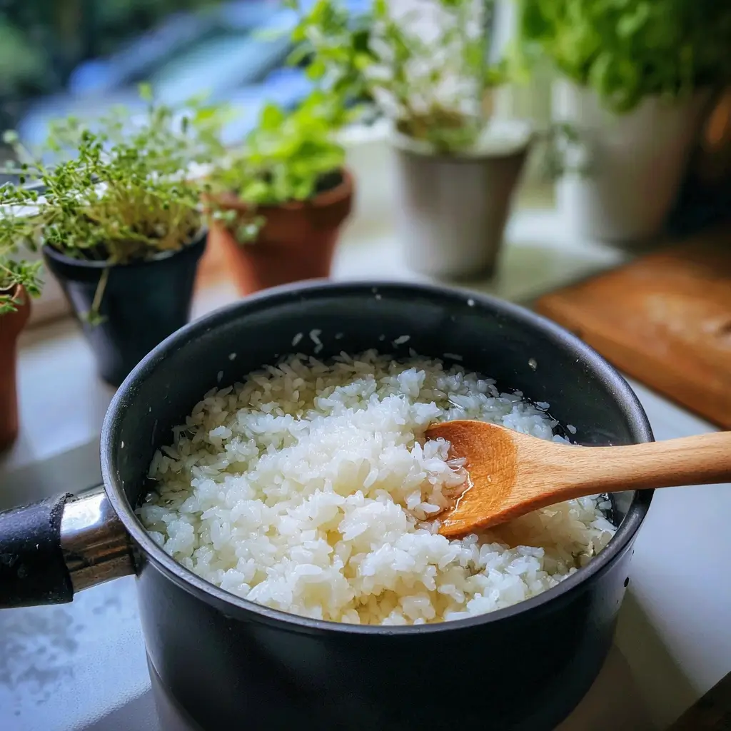 Hände waschen sushi reis in einer Glasschüssel unter klarem Wasser in einer hellen Küche.