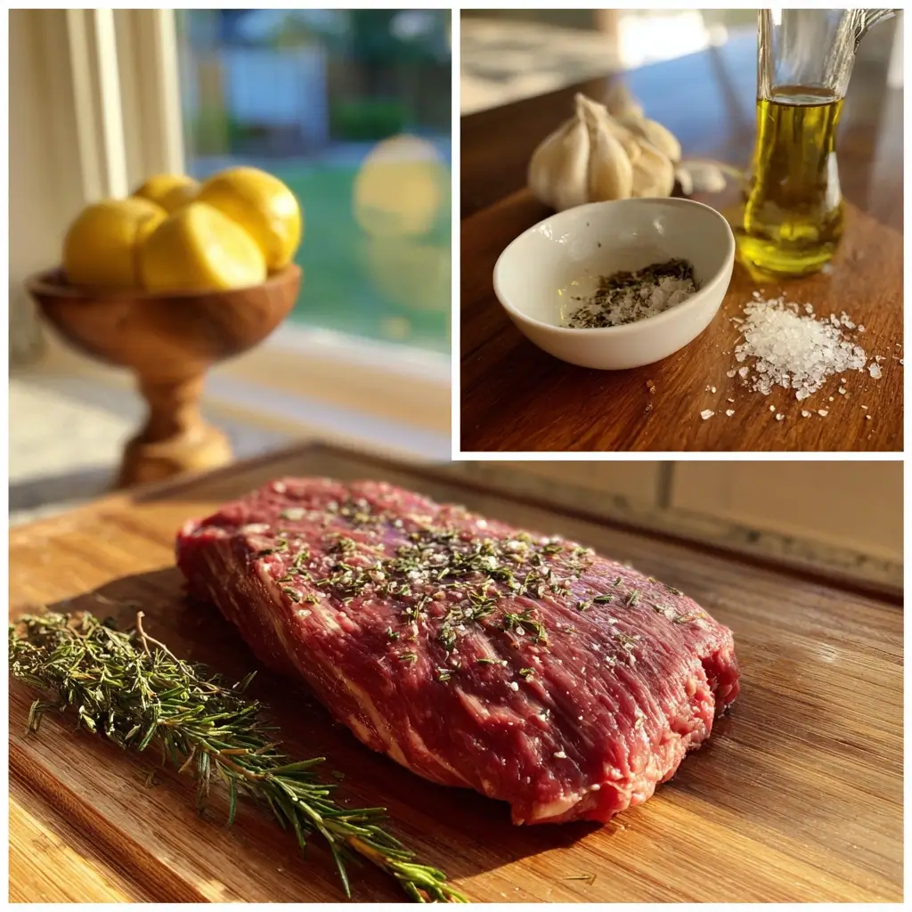 Frisches flank steak auf Holzbrett mit Olivenöl, Knoblauch und Kräutern.
