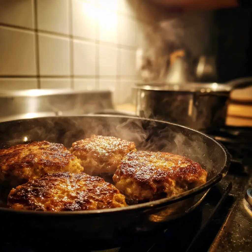 pizza burger Patties braten in heißer Pfanne mit goldbrauner Kruste und aufsteigendem Dampf