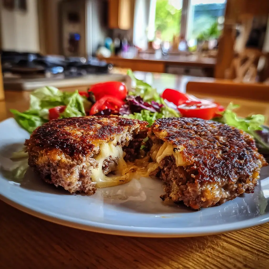 Burger patties selber machen mit geschmolzenem Käse im Inneren – auf Teller serviert mit Salat.