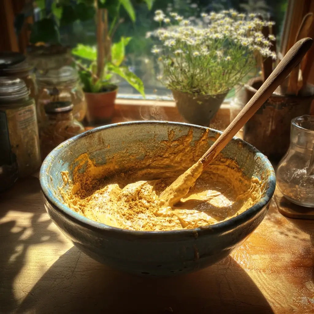 Curry dattel dip wird in einer Schüssel cremig verrührt