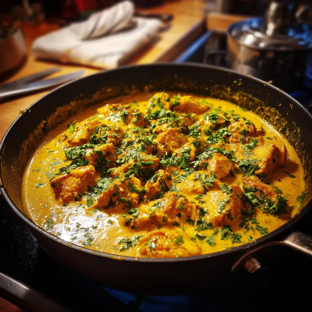Hähnchen Curry Stücke in cremiger Sauce langsam gegart