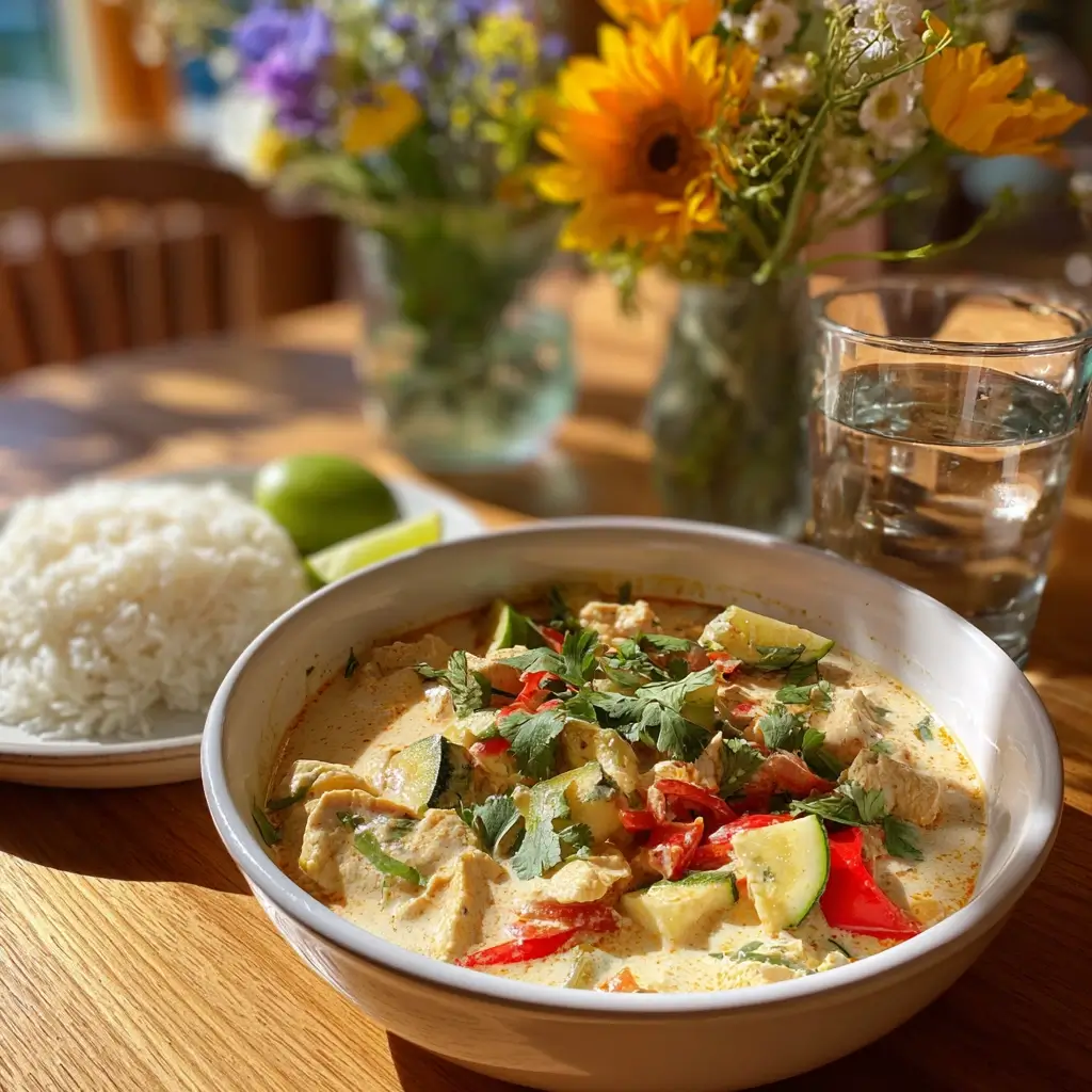 Thai Curry Rezept serviert mit Jasminreis und frischem Koriander auf einem Holztisch