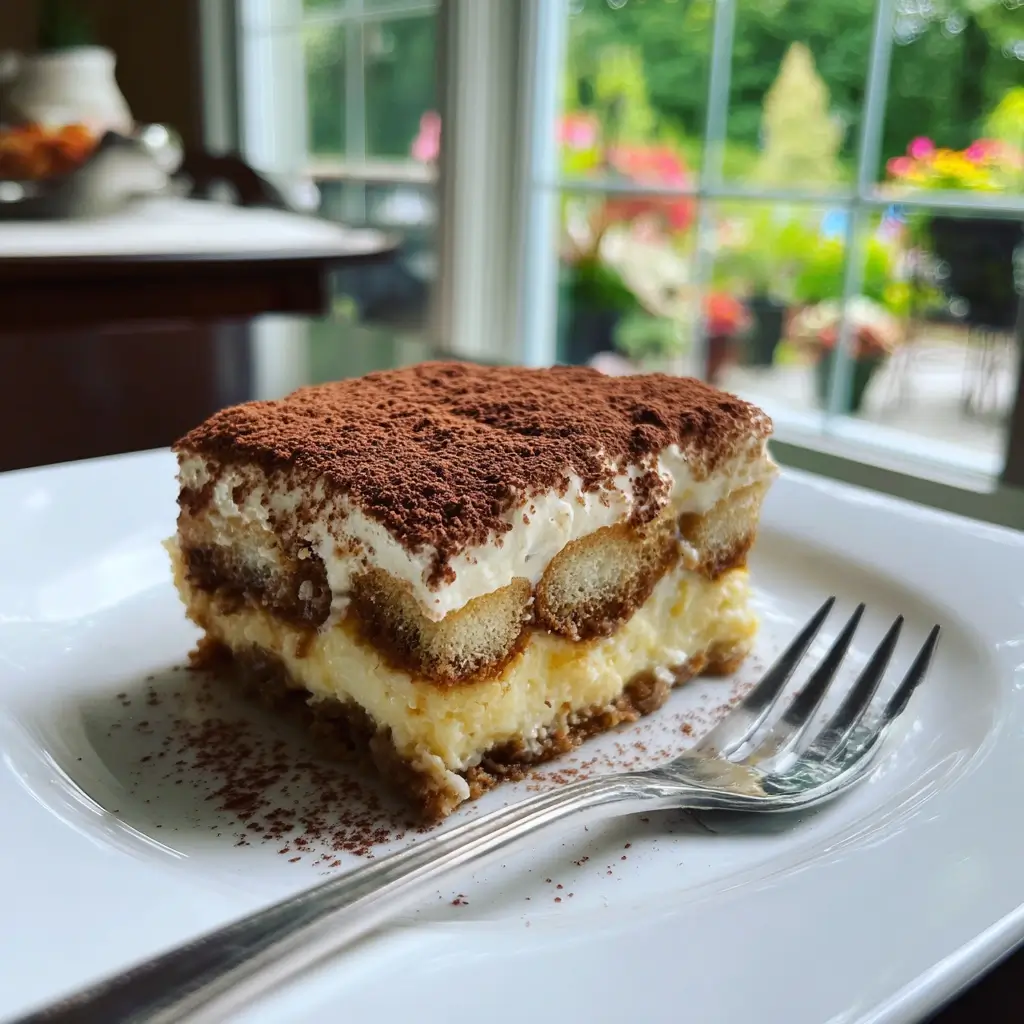 Servierte Portion von Tiramisu Rezepte ohne Eier auf weißem Teller