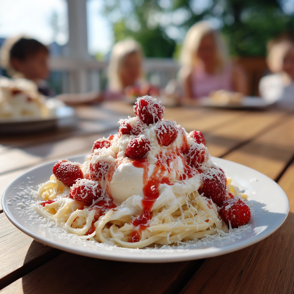 Spaghetti Eis Dessert mit Erdbeersoße und weißer Schokolade auf einem weißen Teller serviert