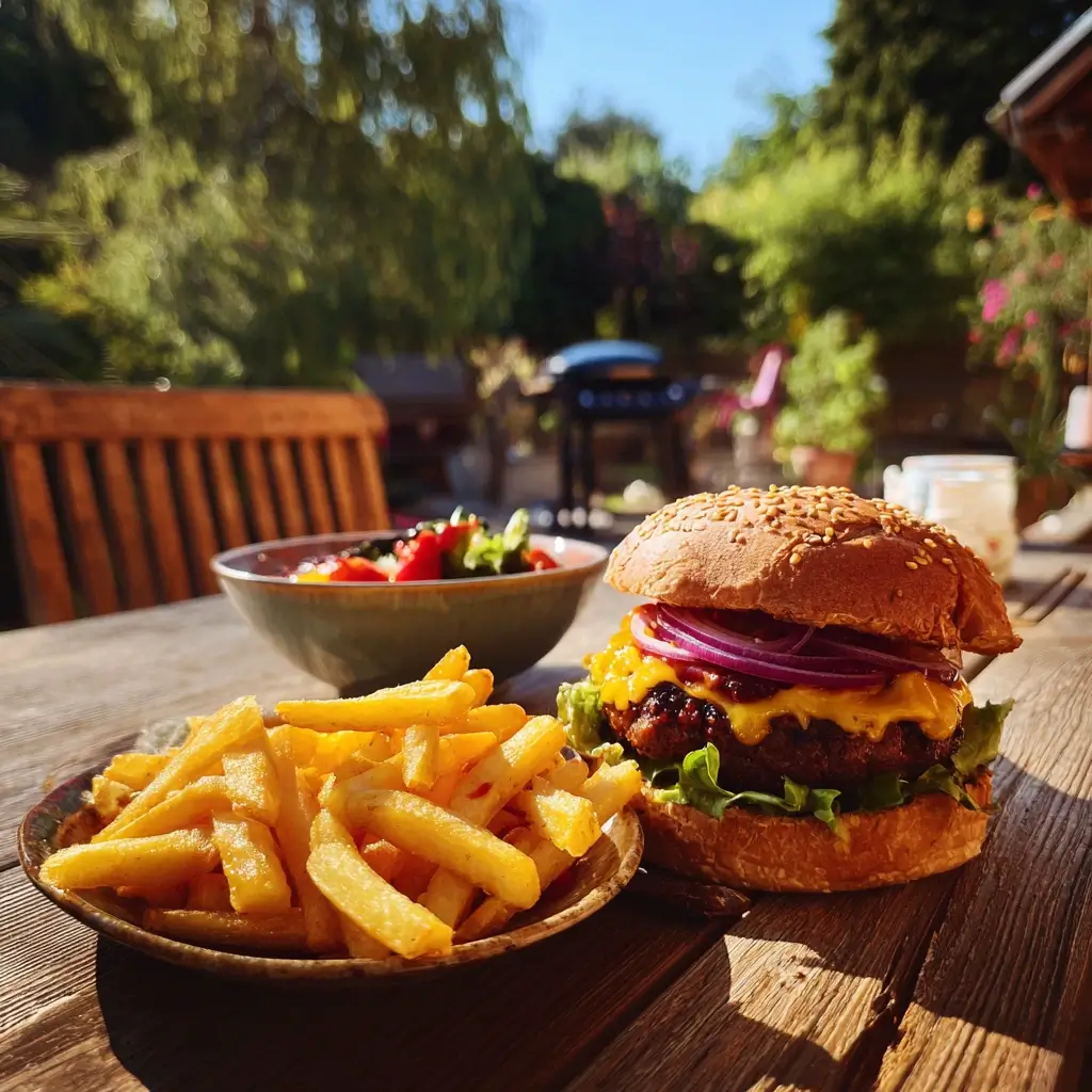 Hausgemachter Burger mit Käse, roten Zwiebeln und Pommes bei Sonnenuntergang – burger patties selber machen und draußen genießen.