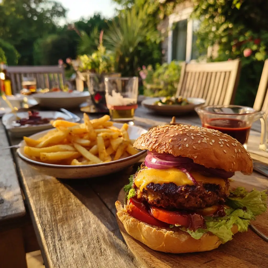 Hausgemachter Burger mit Käse, roten Zwiebeln und Pommes im Garten – burger patties selber machen und frisch genießen.