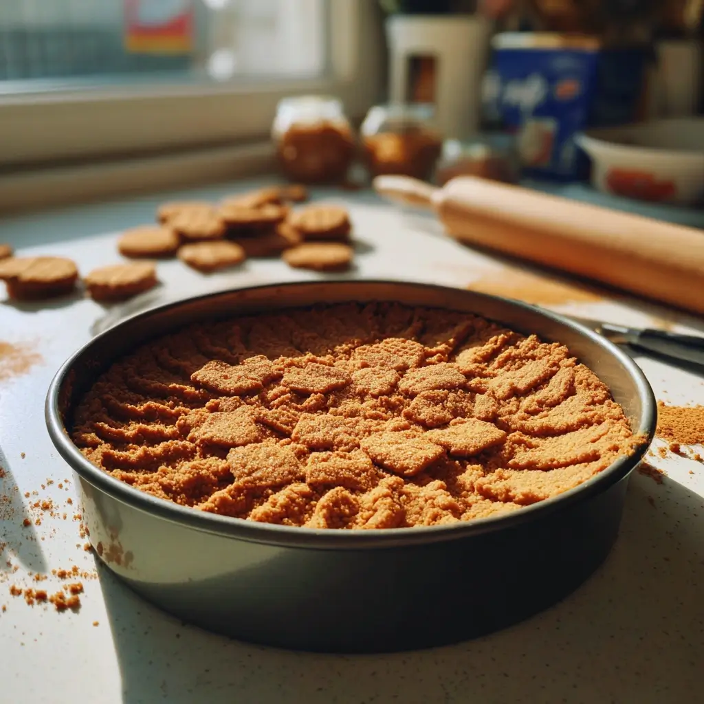 Lotus Cheesecake Boden aus zerbröselten Keksen und Butter.